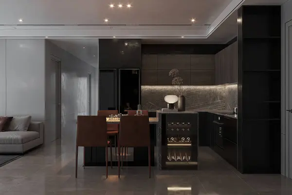 Dark and modern kitchen with black furniture, Huge space