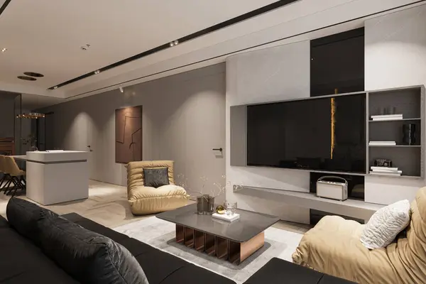 Interior scene of a minimalist entertainment room with a large TV on the TV panel