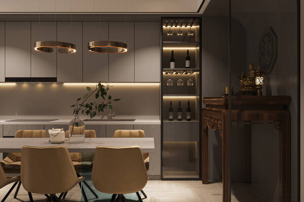 Китчен с небольшим пространством и современным дизайном рядом со столовой