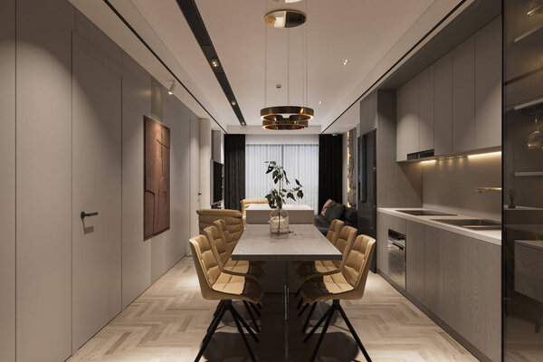 Living and dining interior design in modern style,3d rendering,3d illustration