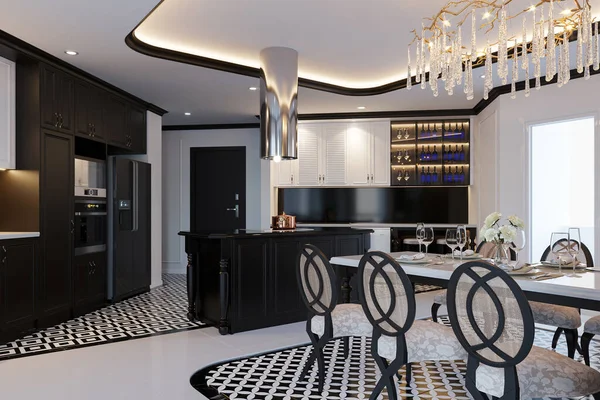 Klasik iç mimarisi olan estetik yemek odasının modeli.