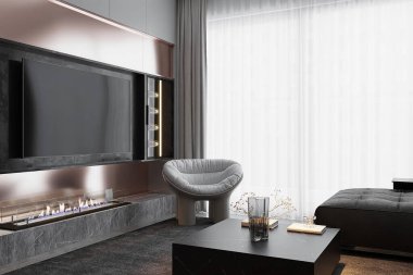 Panoramik penceresinde kanepe, kanepe ve beyaz perde olan modern oturma odası..