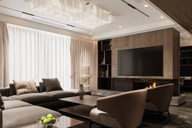 Televizyon, beyaz ve açık kahverengi tarzında modern bir oturma odasının merkezinde.