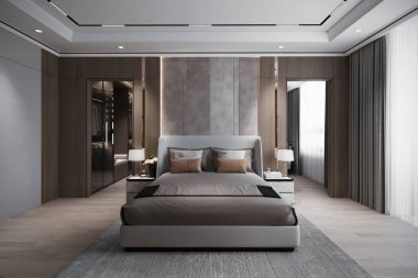 Modern yataklı ve gri tonlu minimalist bir yatak odası.