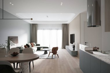 Modern, parlak, düz iç tasarım mutfakta.