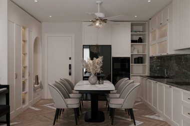 Yemek Odası İç Tasarım Modeli Zanaat Masası ve Sandalyeleri ile Şık Bir Alan Oluşturma