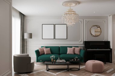 Yeşil koltuğu, koltuğu ve iki tane poster çerçevesi olan modern oturma odasının ön görüntüsü..