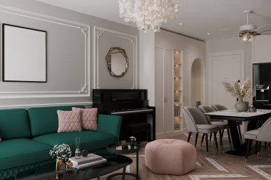 Duvarda resim çerçevesi olan bir iç model. Kanepeli oturma odası.