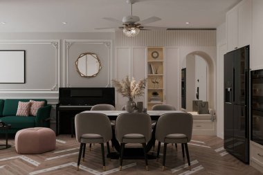 Mutfak, yemek ve oturma odası olan İskandinav tarzında modern bir daire.