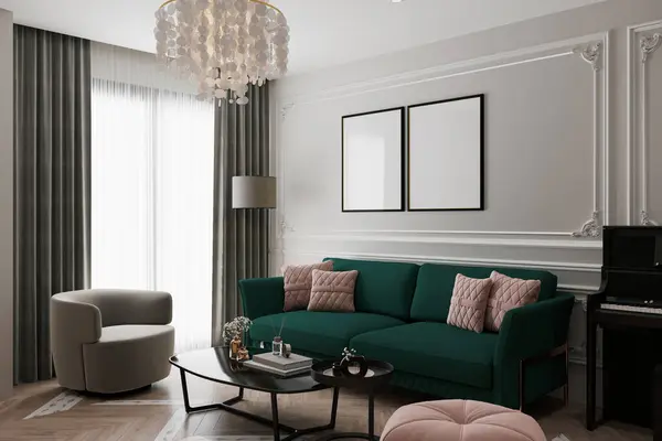 modern living room with green sofa and white picture poster