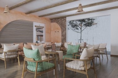 Lüks bir yaz ortamında zarif bir tasarım ve şık bir konfora sahip müsrif bir açık kafe.