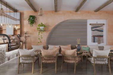 Parlak ve minimalist ahşap bir yemek masası ve kafenin duvarına yaslanmış aynı sandalyeler.