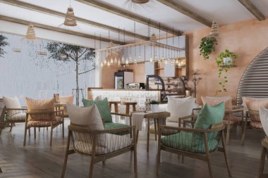 Endüstriyel bina tarzı ve serin iç tesisleri olan bir kafe.