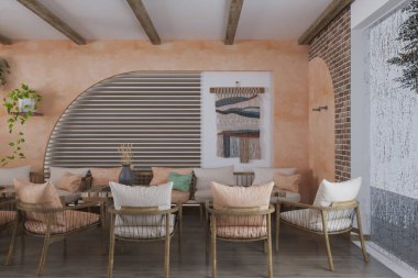 Yeni, modern bir minimalist restoranın içinde.