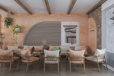 İskandinav tarzı kafeteryaya yerleştirilmiş modern yemek takımı