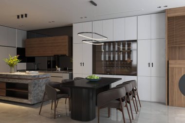 Lüks aletleri ve zarif dekorları olan modern ev yemekleri tasarımı.