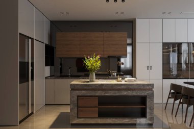 Lüks aletleri ve zarif dekorları olan modern yerli mutfak tasarımı.