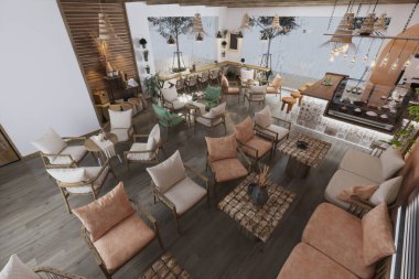 Ana salon, ahşap masalar, sandalyeler ve kafeteryada kanepeler.