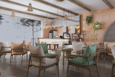 Endüstriyel bina tarzı ve serin iç tesisleri olan bir kafe.