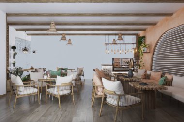 Modern kafeteryanın kırsal mobilyaları olan minimalist bir iç tasarımı var..