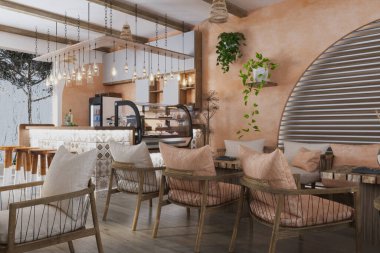 Sahne, minimalist restoranda sabah güneşini gösteriyor.