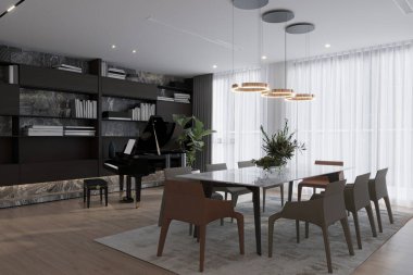 Kitaplarla dolu raflara siyah şema duvarları olan modern bir mutfak..