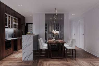 Yemek Odası İç Tasarım Modeli Zanaat Masası ve Sandalyeleri ile Şık Bir Alan Oluşturma