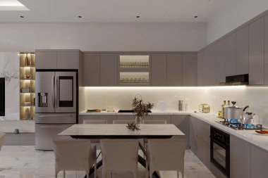 LED ve parlak tasarımlı modern ve çağdaş mutfak tasarımı.