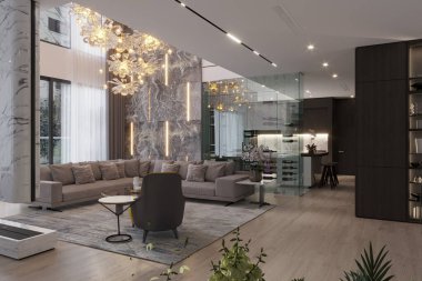 Modern oturma odasının içi şık rahat kanepelerle dolu.