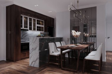 Modern İskandinav yemek odası mutfak tezgahının arkasındaki sandalyeli ahşap masa.