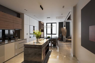 Şık, modern bir mutfak ve yüksek teknoloji aletleri.