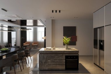 İç Tasarım Modifiye Mutfak Parlak beyaz mermer tezgah ve paslanmaz çelik aletler