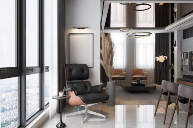 İç minimalist ev, oturma odasında rahatlık yaratmak için konsol masası olan koltuk.