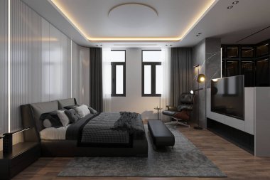 Lüks daire süiti, çift kişilik büyük boy yataklı ve ayak bankı var.