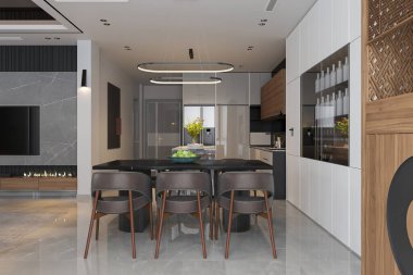 Mutfak dolabı ve lüks gri yemek masası olan bir yemek odası.