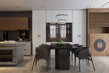 Modern mutfak. Yemek odası dekore edilmiş.