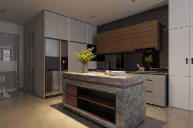 Paslanmaz çelik aletlerle modern bir mutfağın fotoğrafı..