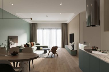 Mutfak, yemek ve oturma odası.