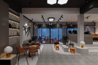 Bir dijital sanat galerisi ofis duvarlarını dekorasyonla donatıyor.