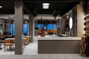 Sanayi mutfağı. Restoran, modern mutfak. tezgahı olan büyük bir mutfak.