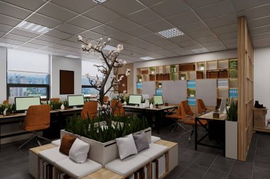 Ofisin geniş bir alanı ve davetkar bir havası var. Bilgisayarlar ve büro ile donatılmıştır..