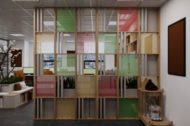 Köşesinde ofis belgeseli olan duvar bölücüsü ahşap dosya çantası.