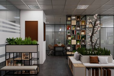 Ofiste davetkar bir hava var. Kanepe, oturma tezgahı ve botanik bitkisiyle donatılmıştır..