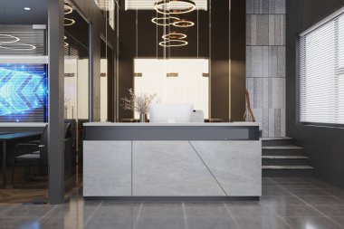 Lüks modern çalışma odası, resepsiyon tezgahı, 3D görüntüleme.