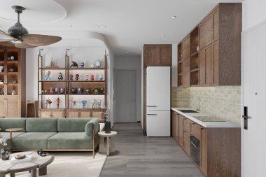 İskandinav ev mimarisi. Minimalist ve basit yaklaşımlı iç tasarım. Yeşil kanepe.