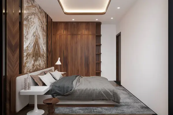 Luxury Master bedroom with marble and copper wall at hotel , 3d rendering
