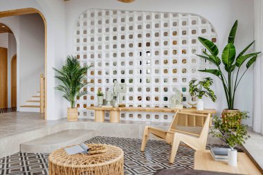 Beyaz tuğladan duvarlı parlak oturma odası, ve rattan mobilya, endüstriyel tarzda, 3D