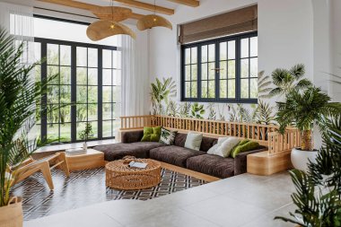 Oturma odasının içi, beyaz ve ahşap renk paleti, parlak atmosfer, minimalist stil.