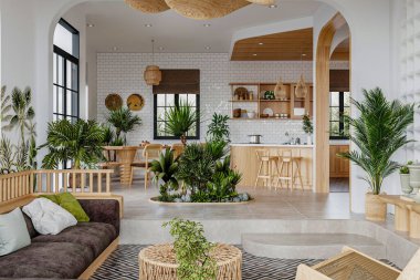 Minimalist modern iç tasarım İskandinav tarzı beyaz renkli açık bir planı olan büyük parlak bir daire.