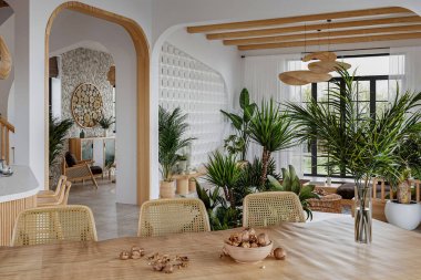 Beyaz duvarlı, ahşap mobilyalı, modern, temiz, modern yemek odası.